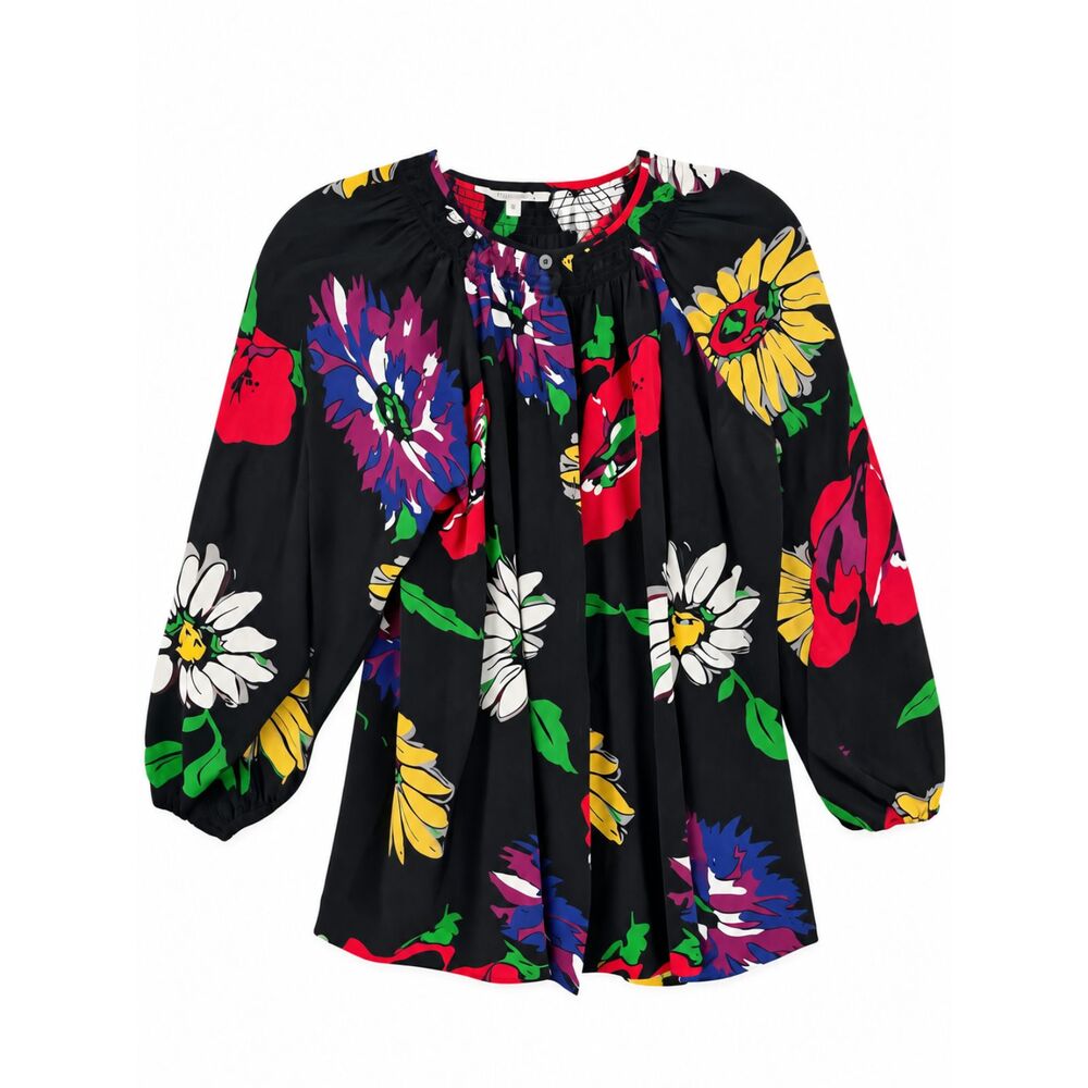 Tucker NYC Classic Silk Blouse Sz Medium Button Black Multicolor Floral Colorful